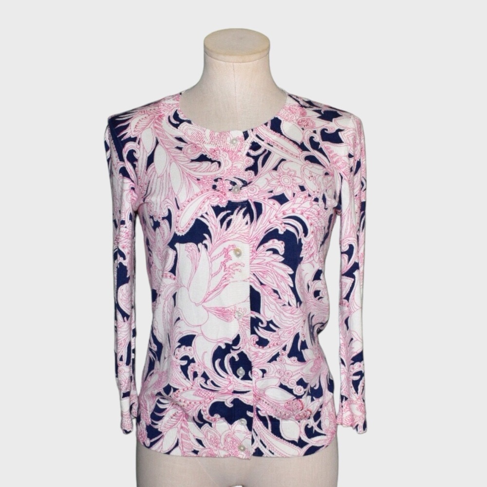 Talbots Cotton Blend Beaded Floral Button Front Cardigan